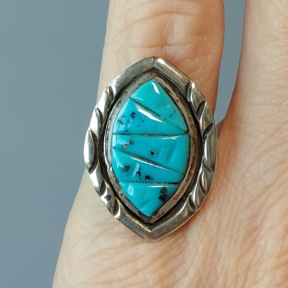 Native American Jewelry - Vintage Native American Sterling Silver Turquoise Ring | Signed | Size 5.25